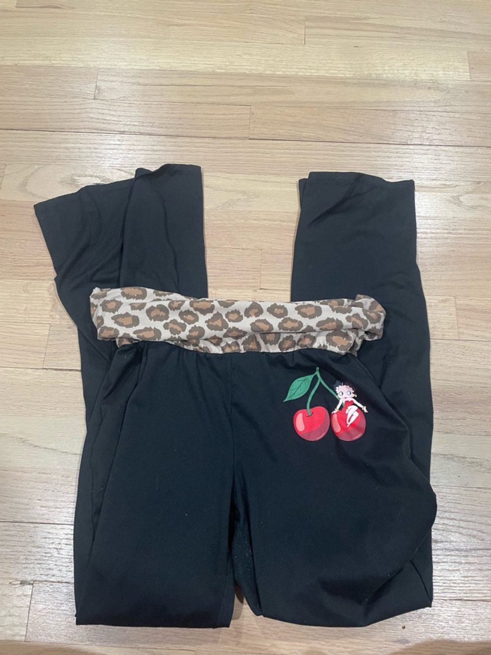 Girls Black Leggings with Cherry Graphic and Leopard Waistband Accent